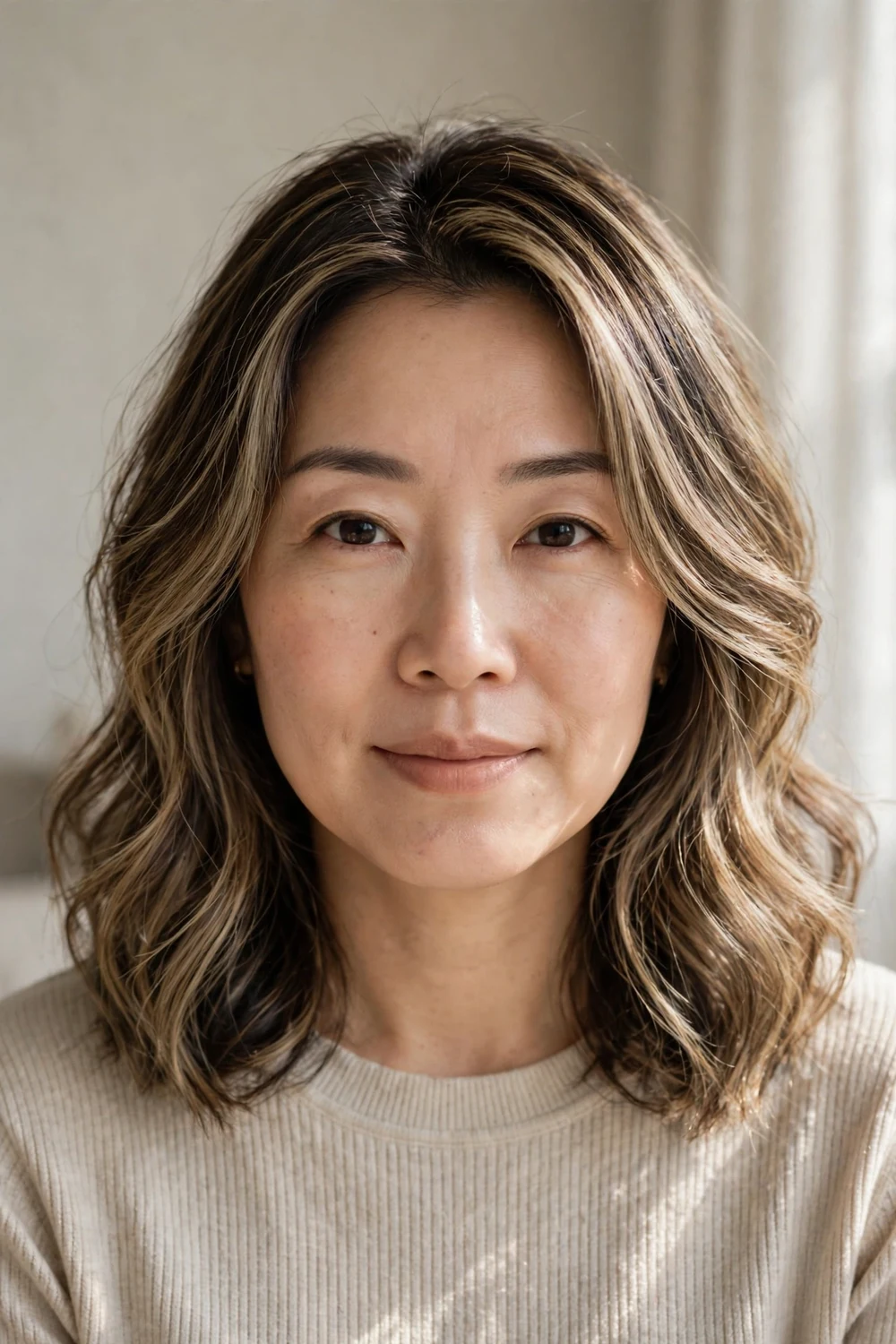 Woman with dimensional dark bronde hair blending brown and blonde