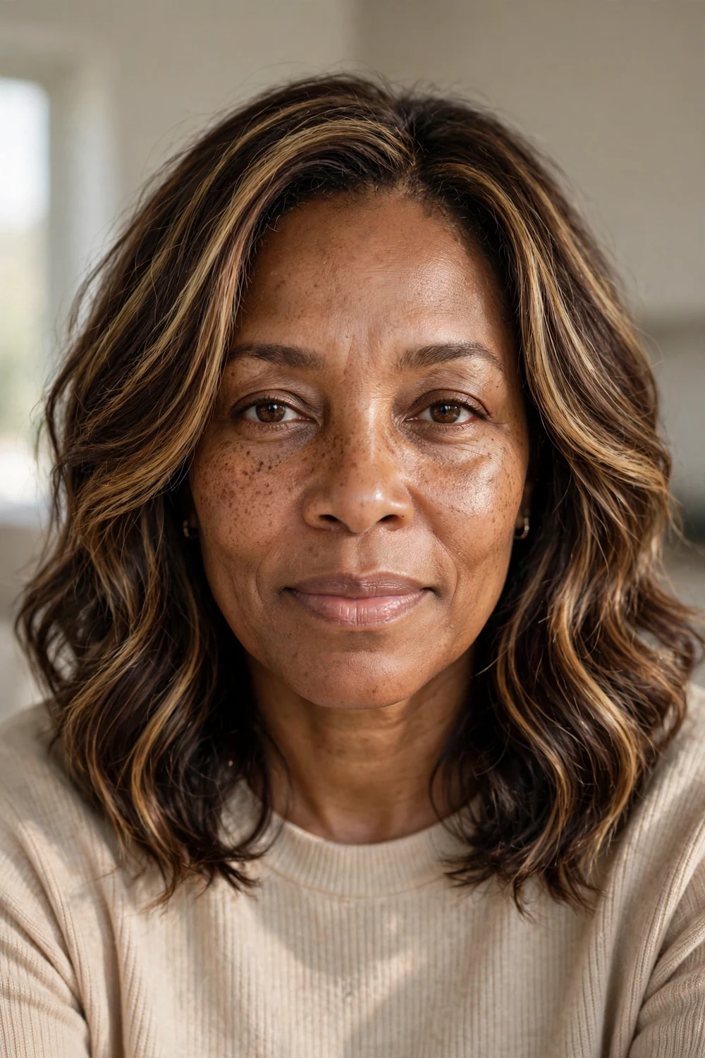 Woman with dark chocolate blonde shoulder-length hair