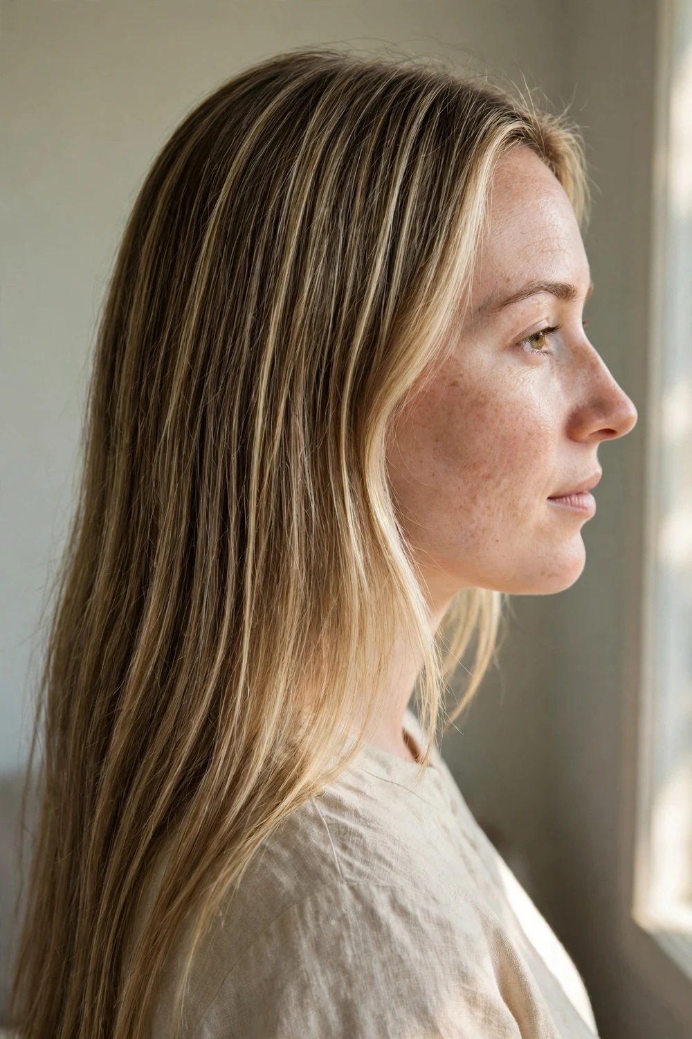 Woman with dark blonde hair and beigey-blonde babylights