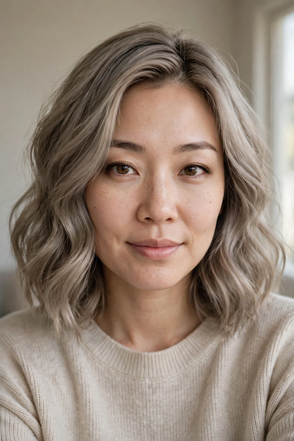 Woman with smoky mushroom blonde wavy bob