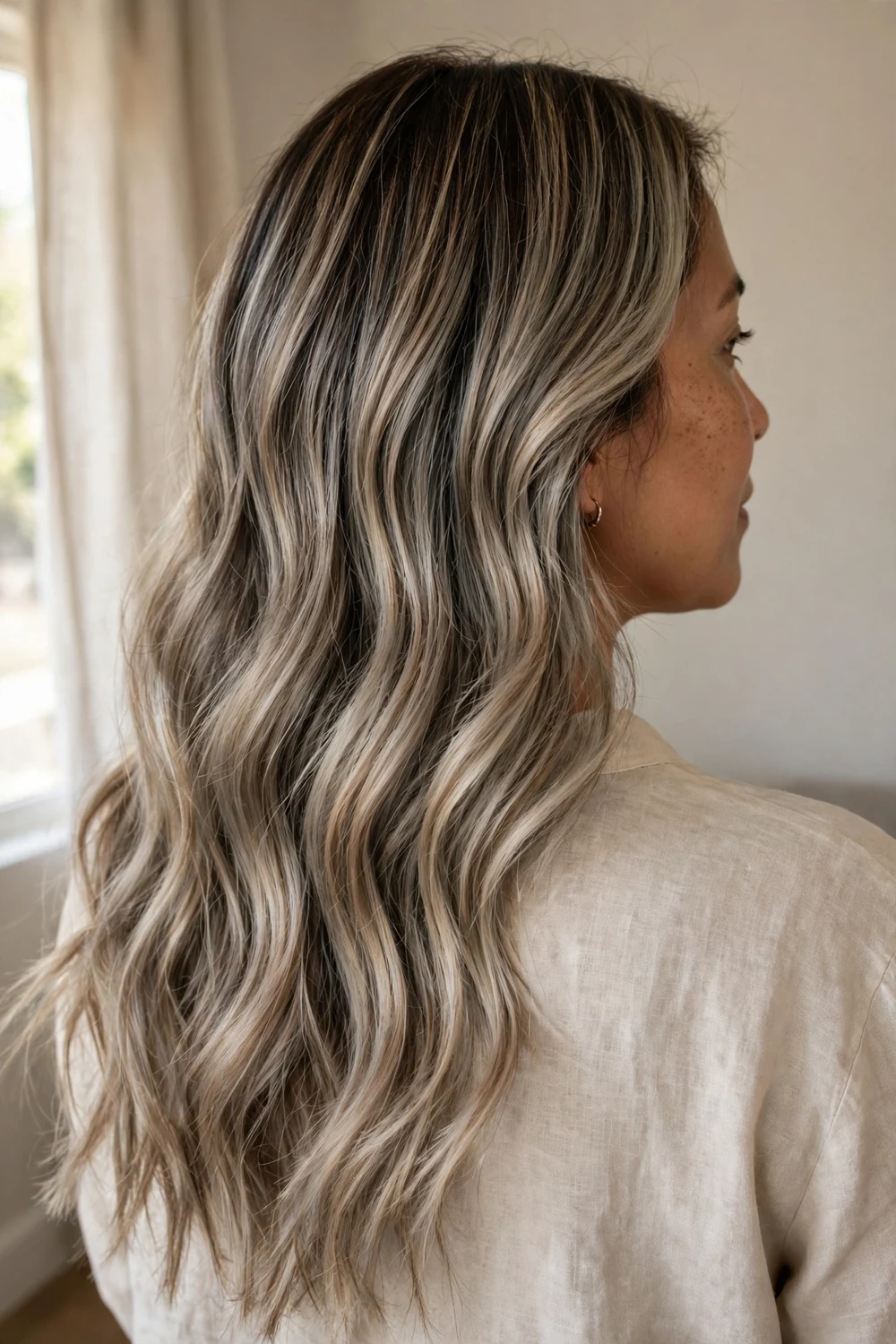 Back view of mushroom bronde balayage on long wavy hair