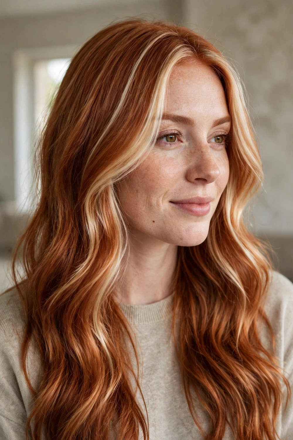 Woman with deep strawberry blonde hair and champagne highlights