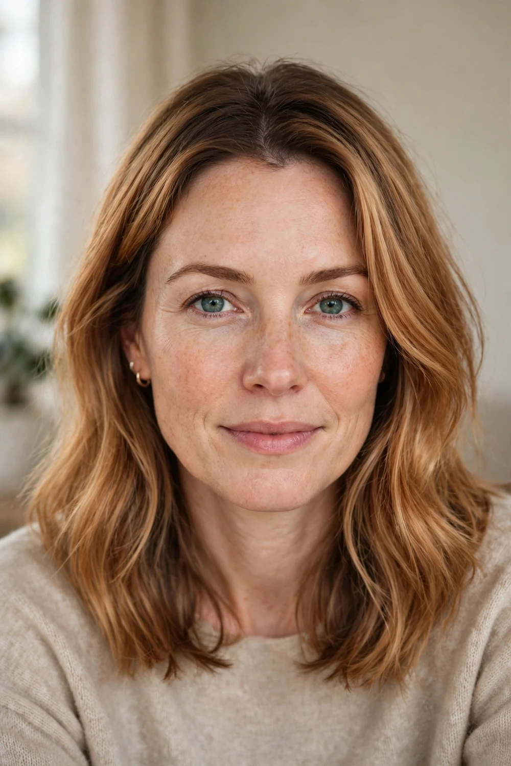 Woman with dark strawberry blonde hair and smudged darker roots
