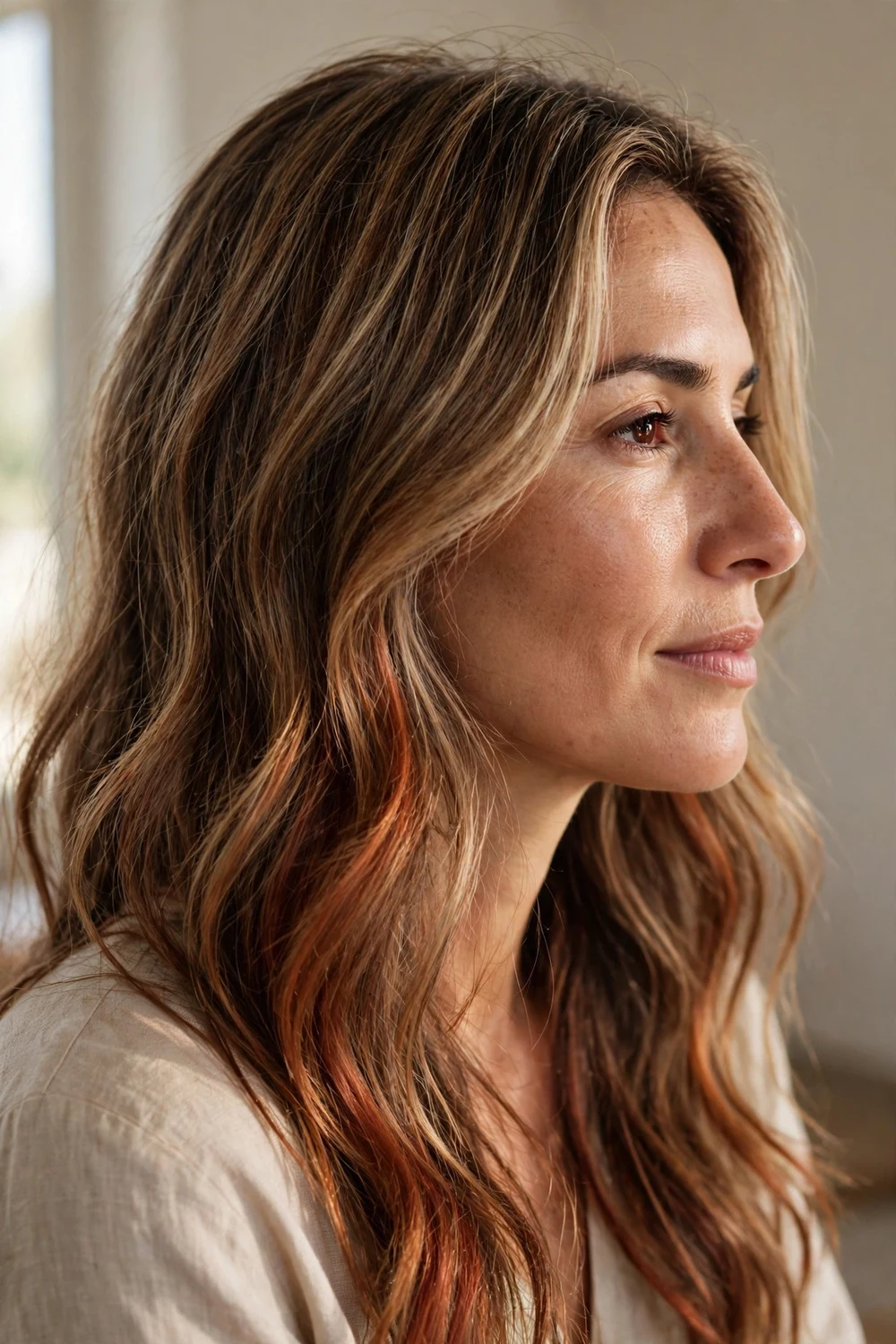 Woman with dark dirty blonde hair with auburn red undertones