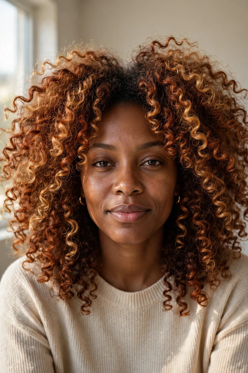 Woman with dark copper blonde curly hair
