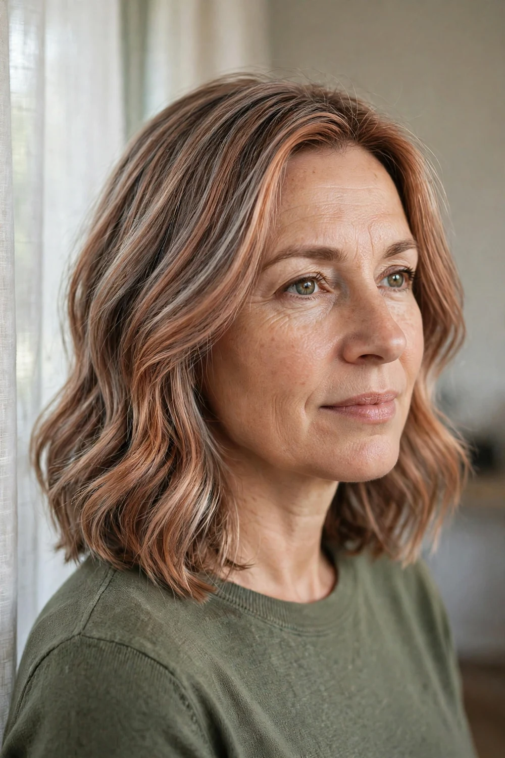 Woman with neutral copper ash dark blonde hair