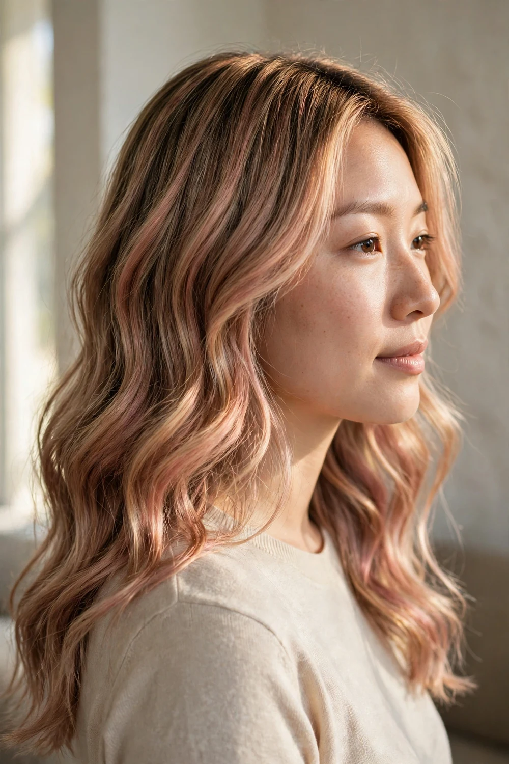 Woman with dark rose gold blonde wavy hair