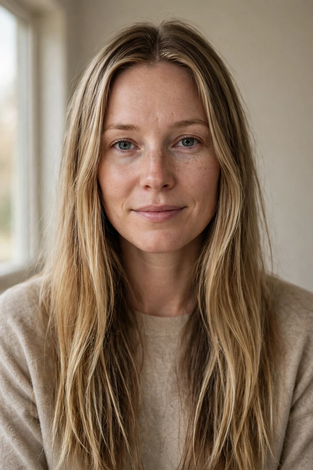Woman with natural dirty blonde long hair