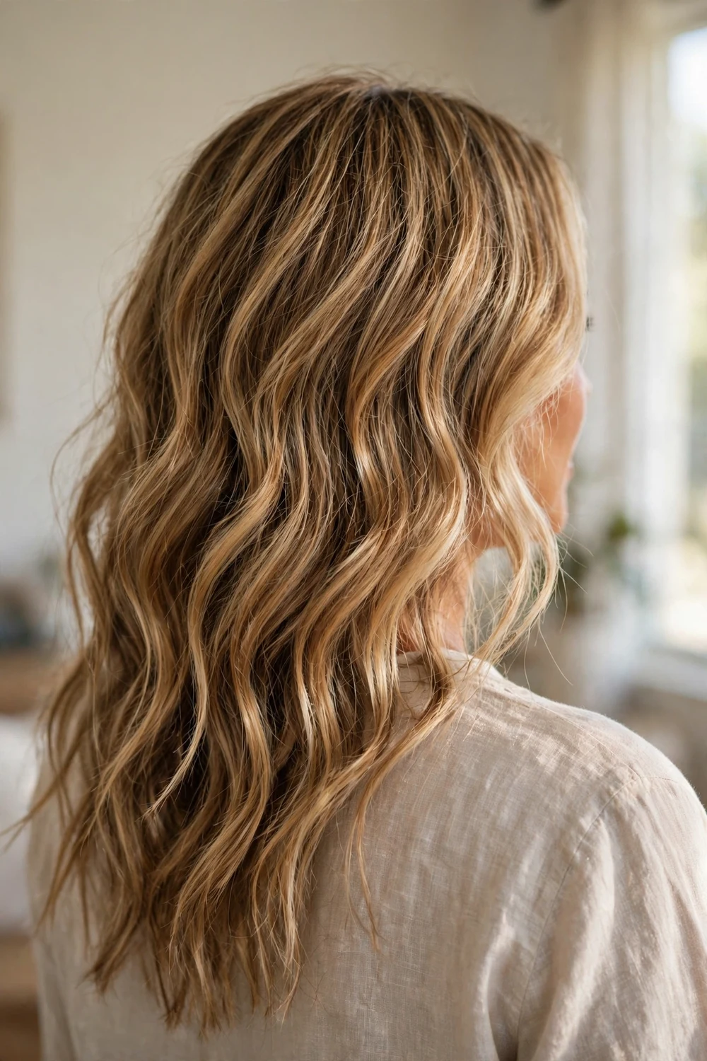 Back view of warm sandy blonde beachy waves