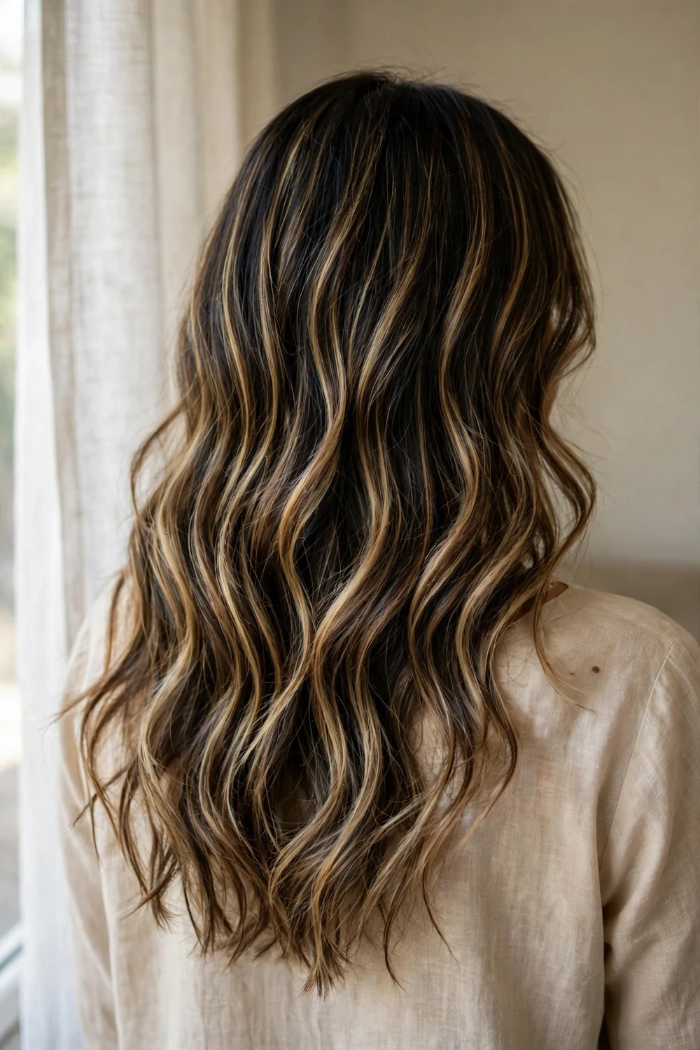 Back view of dimensional dark blonde balayage