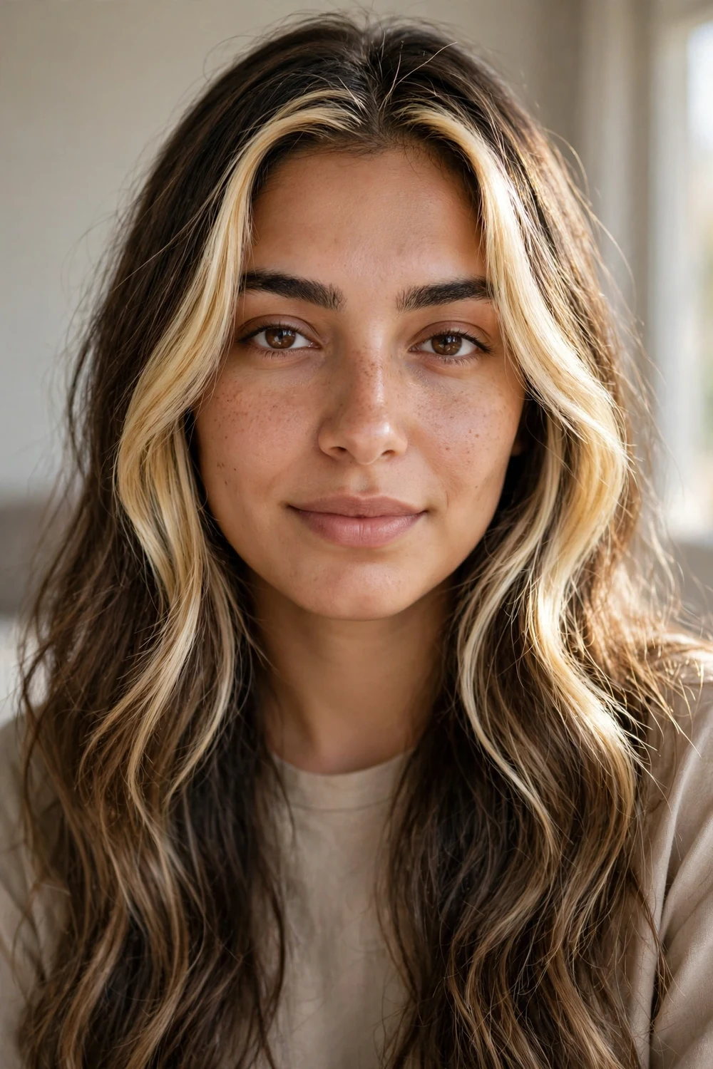 Woman with dark blonde hair and bright face-framing highlights