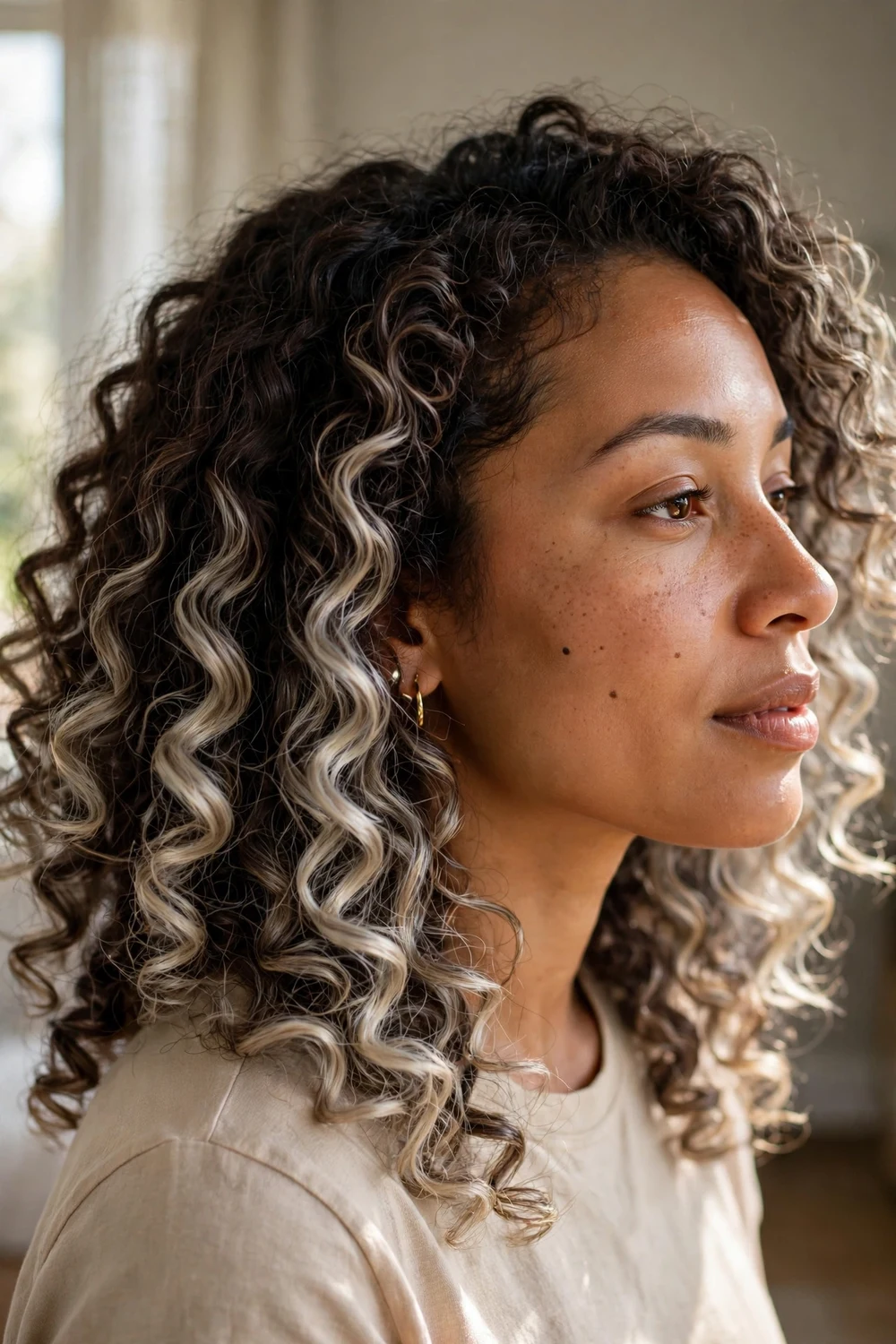 Dark brown defined curls with cool ash blonde balayage on the outer curls