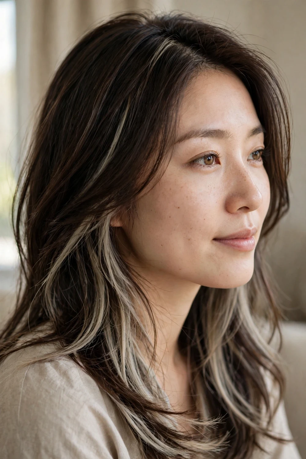 Dark brown hair with ash blonde peekaboo underlights showing beneath the top layer