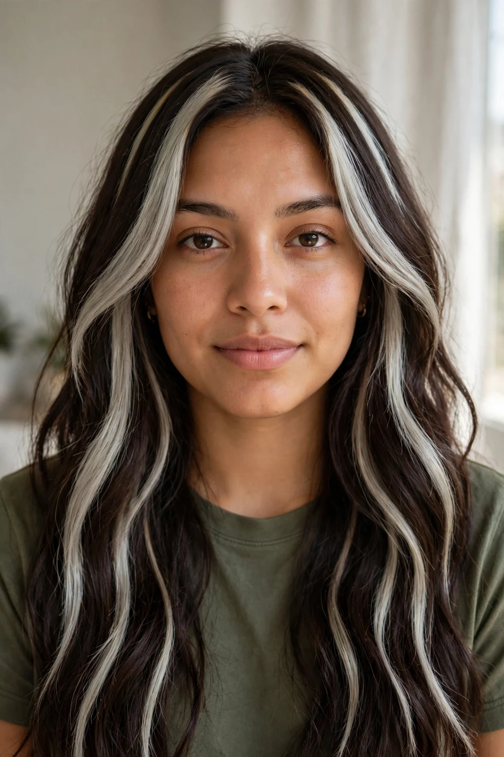 Dark brown hair with bold chunky vertical ash blonde slices and streaks