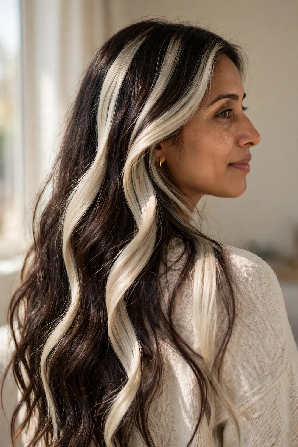 Long wavy dark brown hair with wide cool ash blonde ribbon balayage pieces