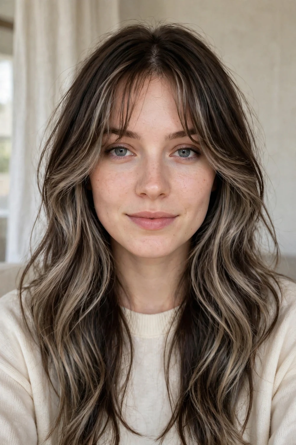 Dark brown hair with curtain bangs and smoky ash blonde balayage