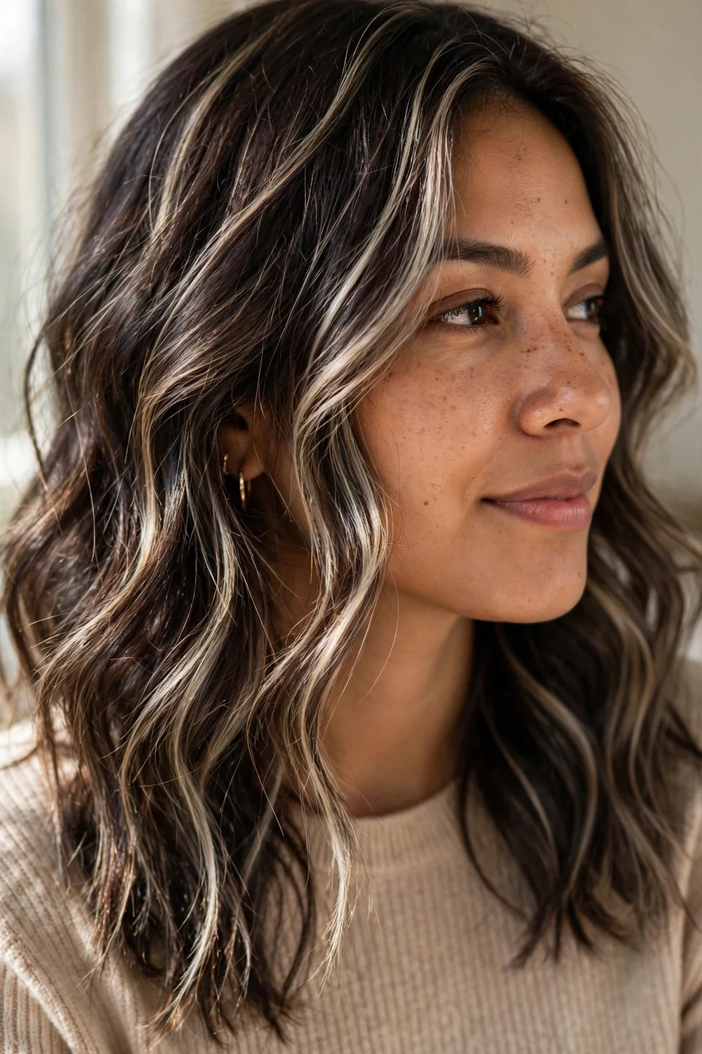 Medium wavy dark brown hair with thin sun-kissed ash blonde ribbons