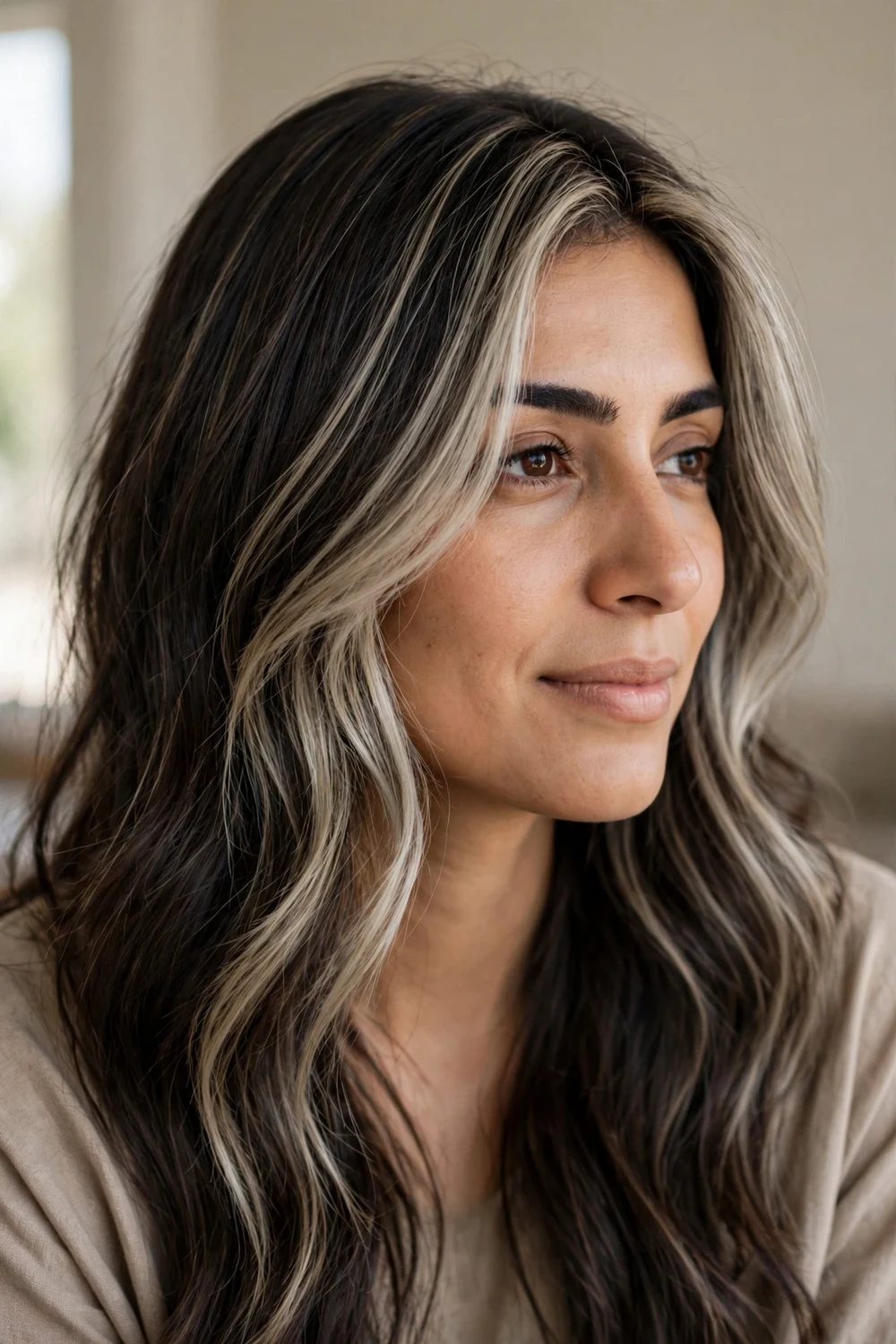 Dark brown hair with ash blonde concentrated in front tapering to the back