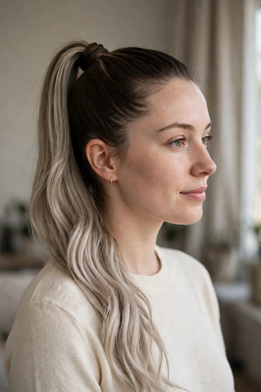 High ponytail with dark brown crown and ash blonde balayage lengths