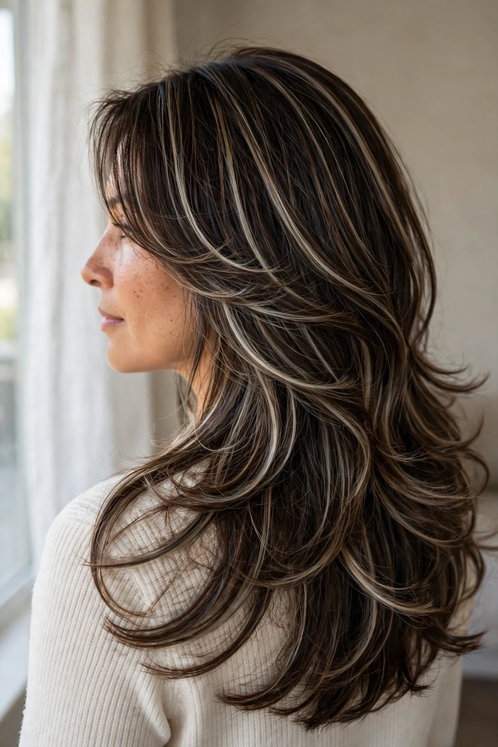 Long dark brown layered blowout with soft ash blonde ribbons