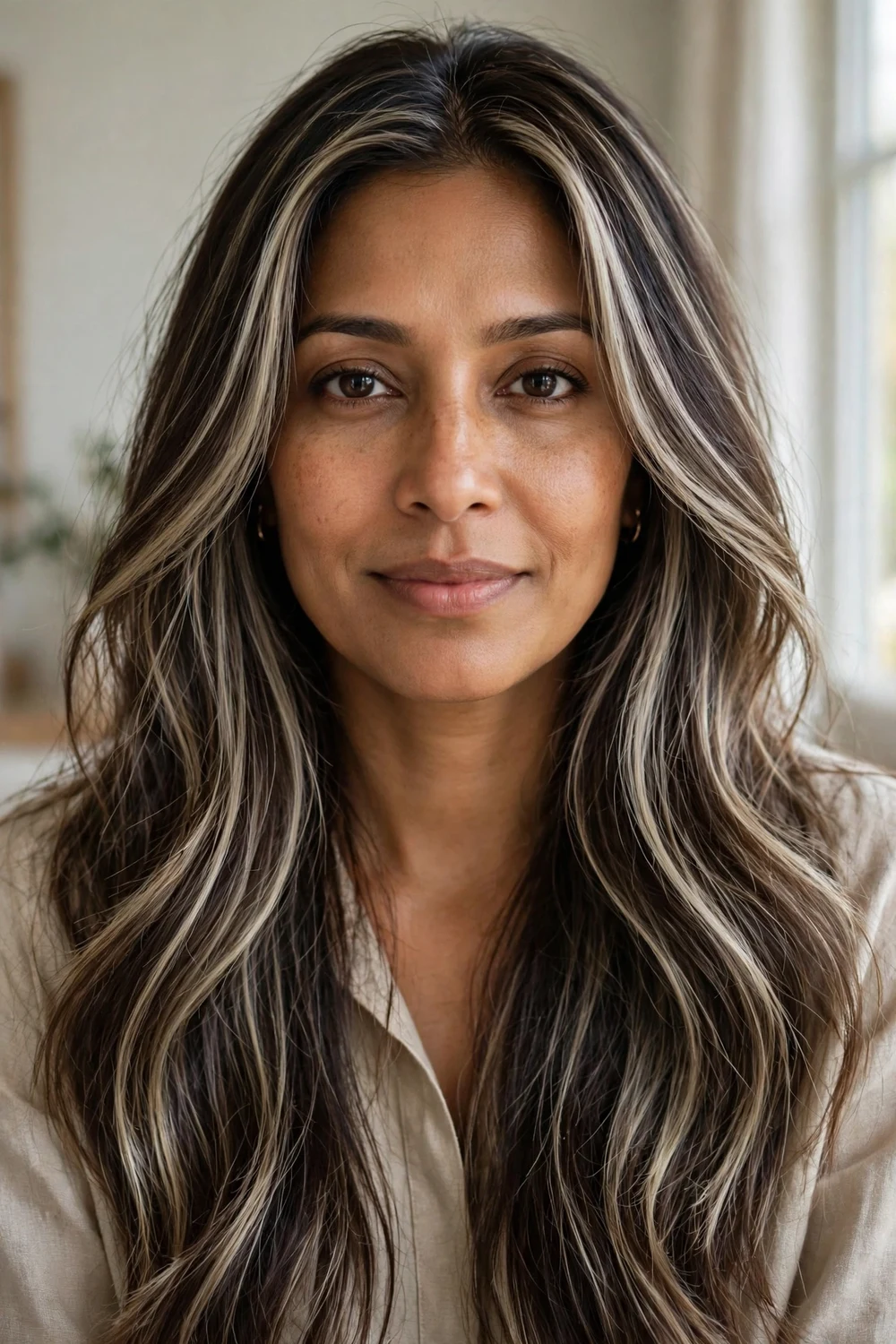 Dark brown hair with light ash blonde highlights in soft silvery tones