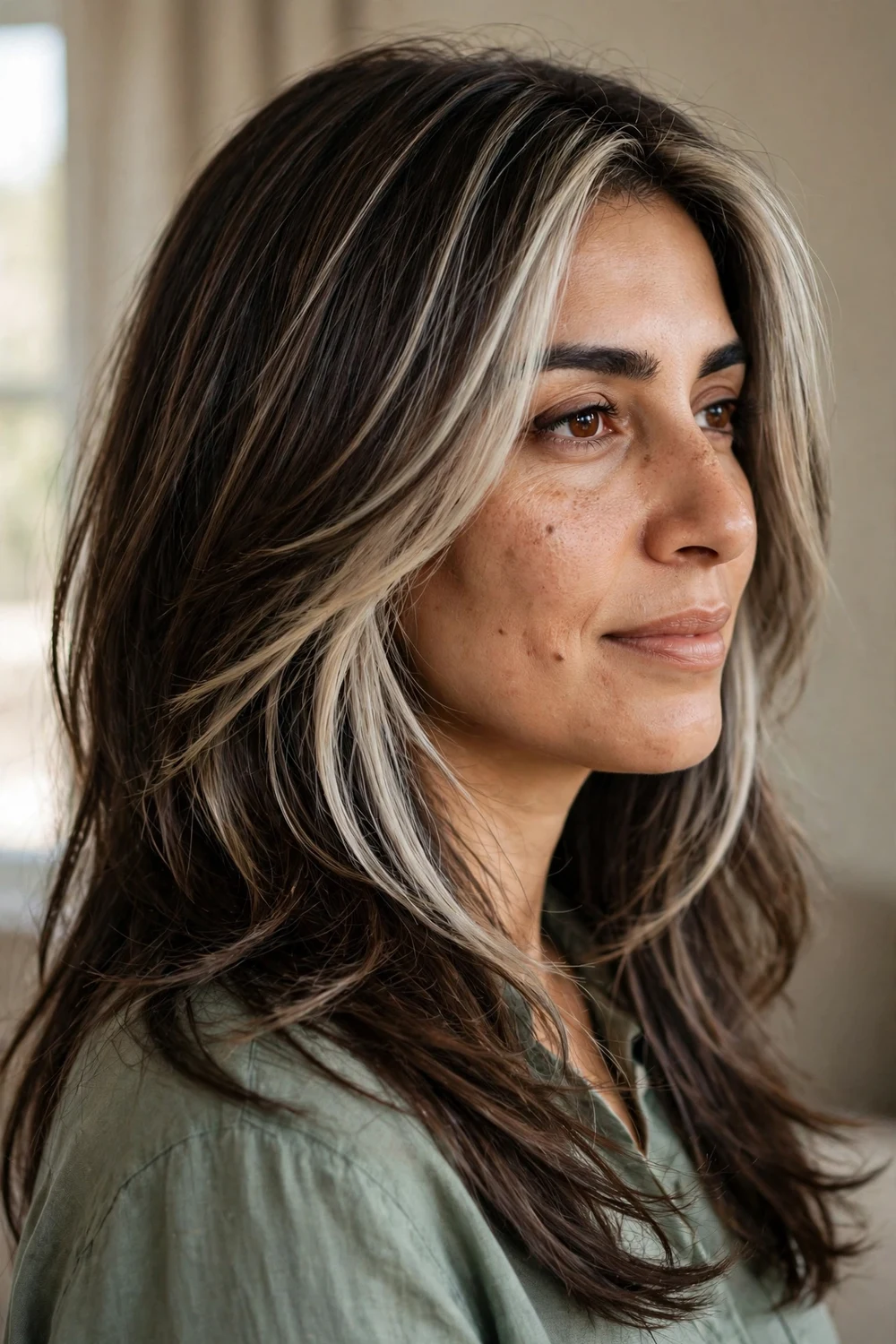 Long layered dark brown hair with a smoky ash blonde balayage face frame