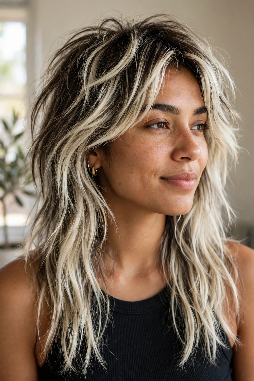 Long shag haircut with dark brown hair and high-contrast ash blonde pieces