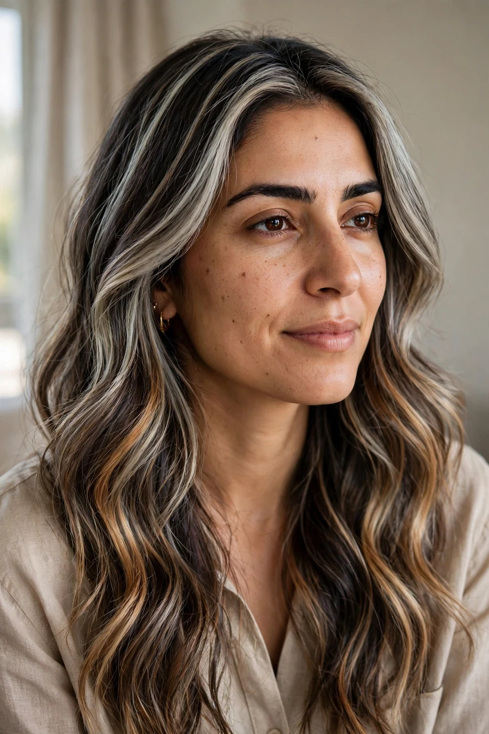 Dark brown hair with mixed ash blonde and caramel highlights