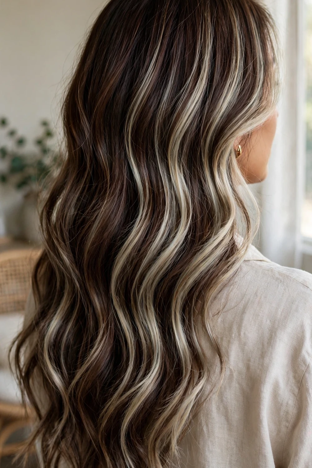 Rich chocolate brunette hair with cool blonde balayage accents