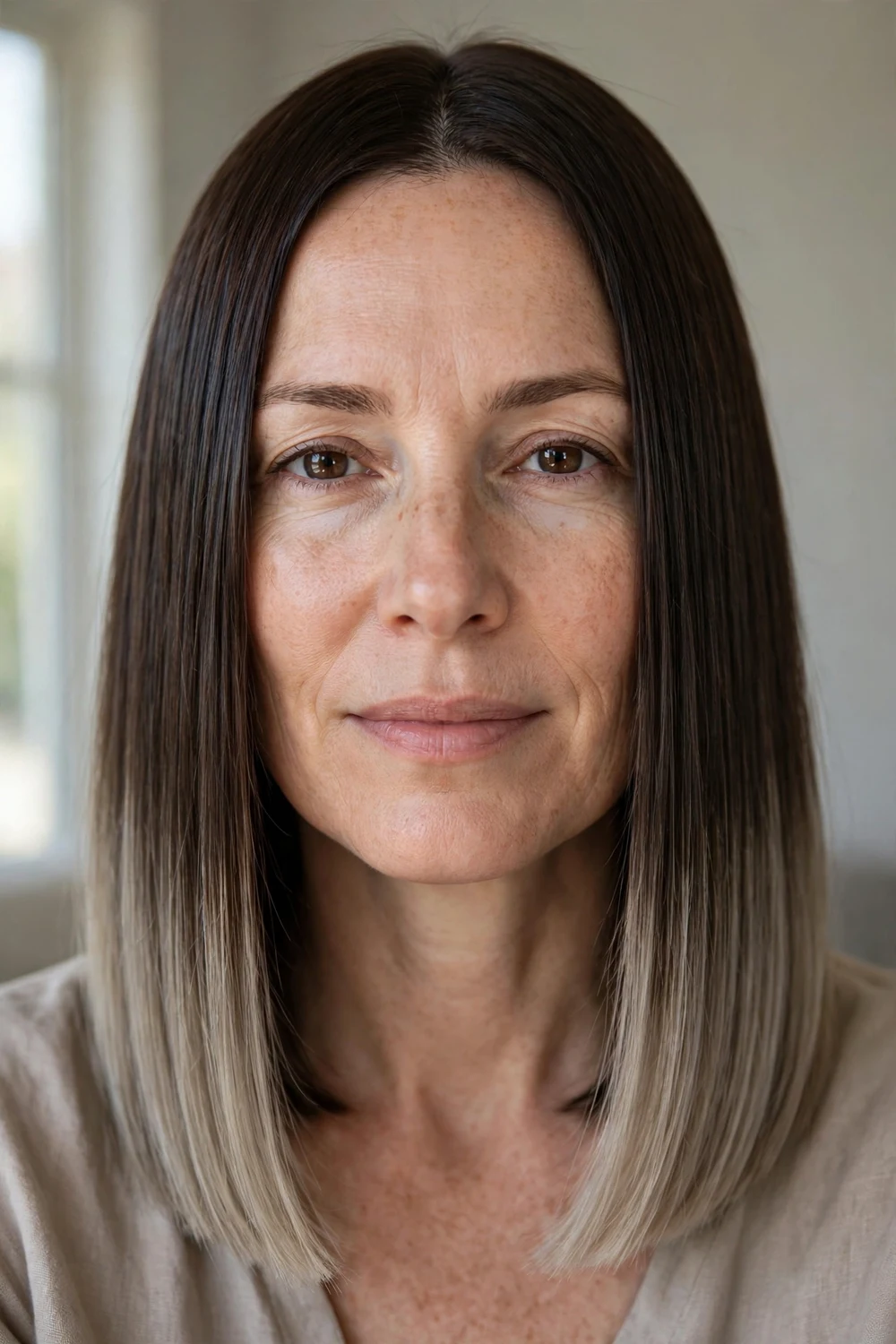 Sleek blunt lob with dark brown hair and subtle ash blonde tips