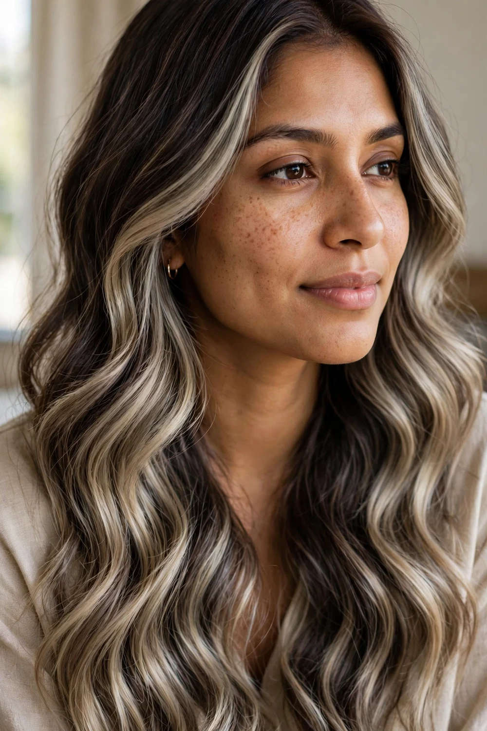 Dark brown glossy waves with a smoky root melt and ash blonde balayage