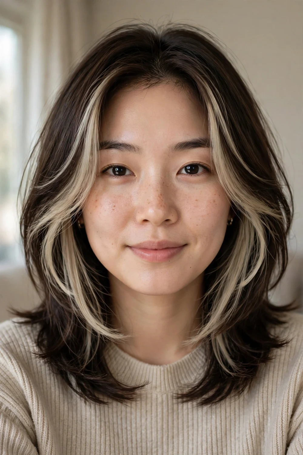 Dark brown hair with soft layers and a soft ash blonde money piece around the face