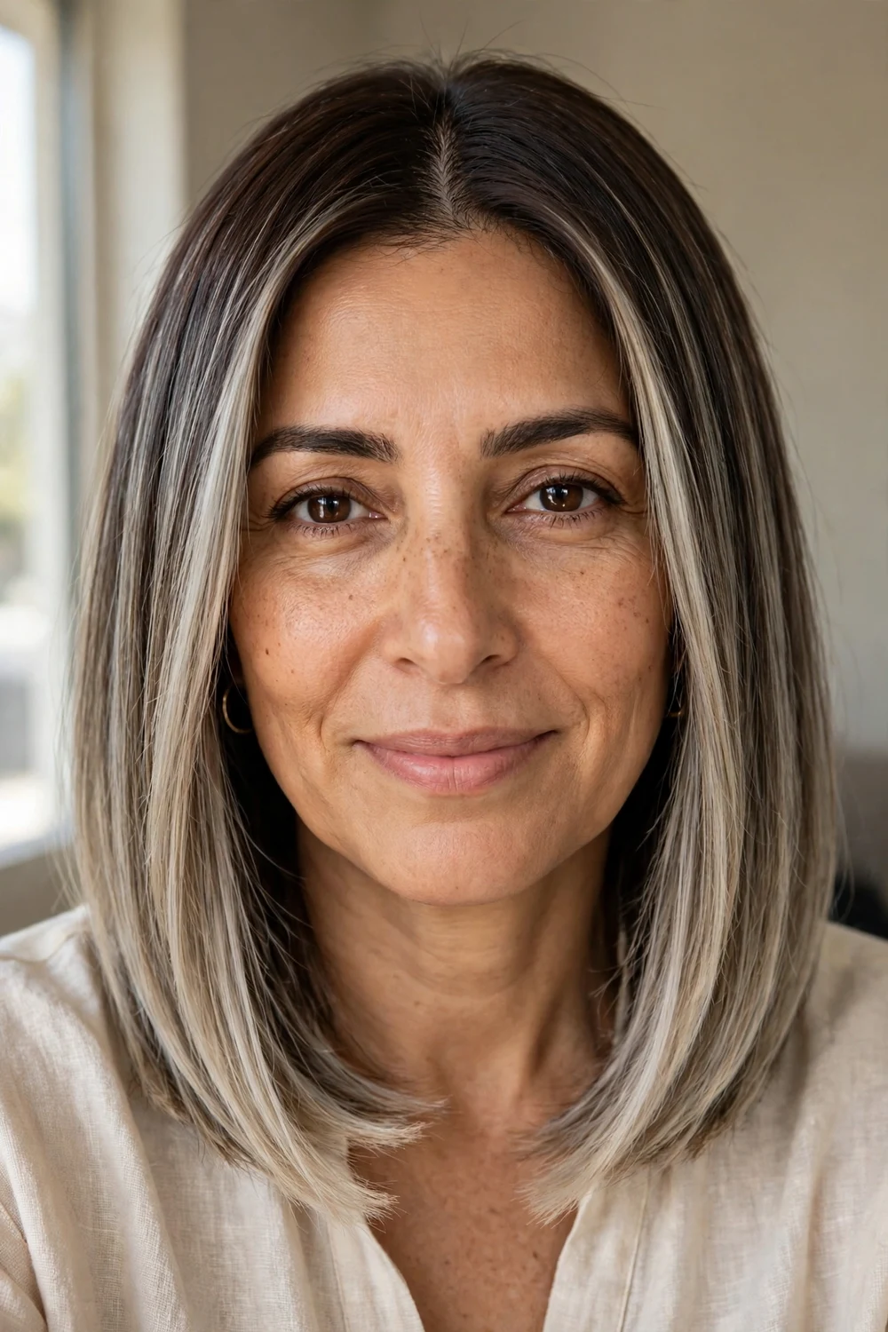 Straight tapered lob with dark brown hair, ash blonde balayage and cool face frame