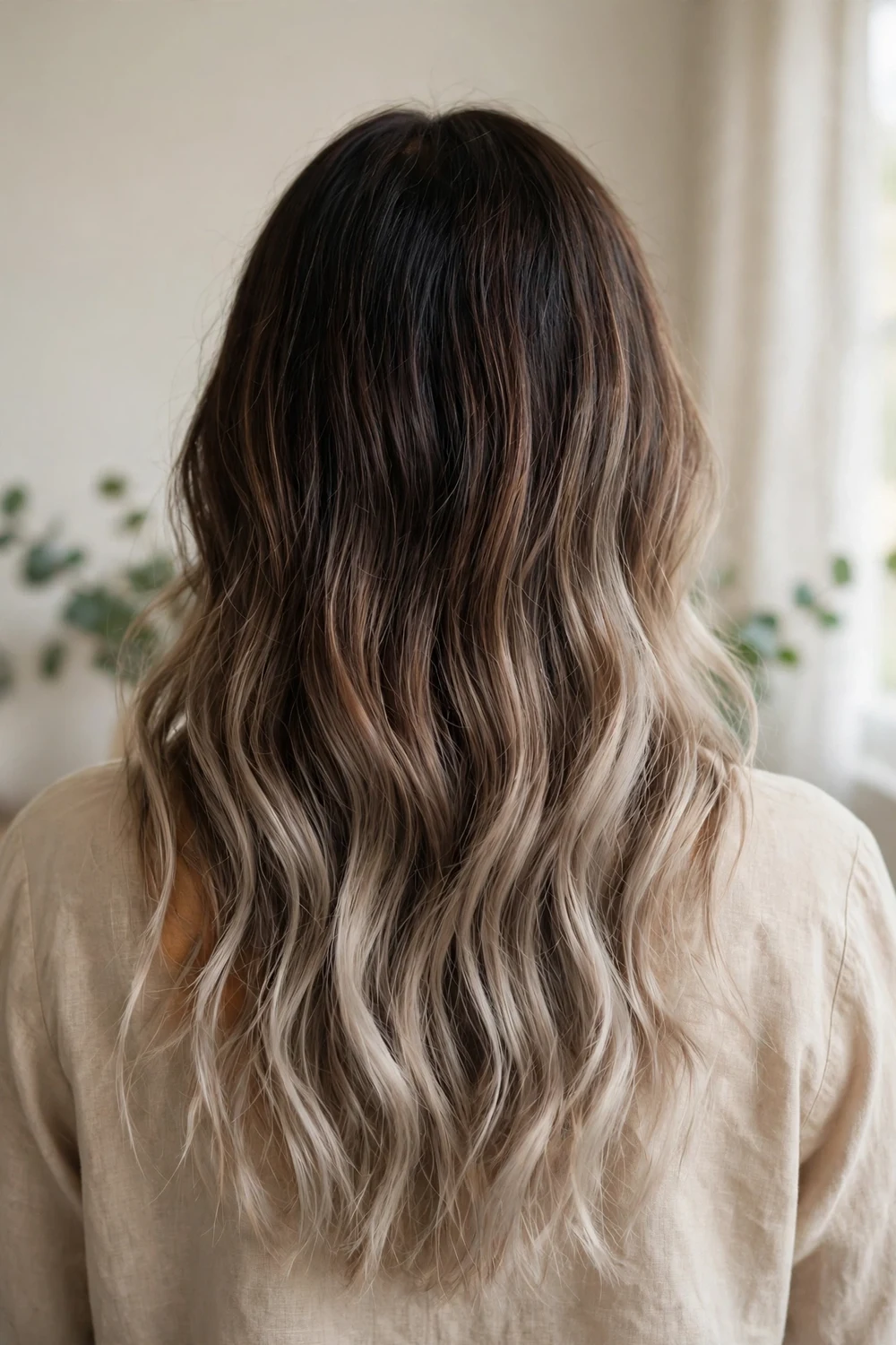 Dark brown hair with a subtle ash blonde ombre fading to the ends