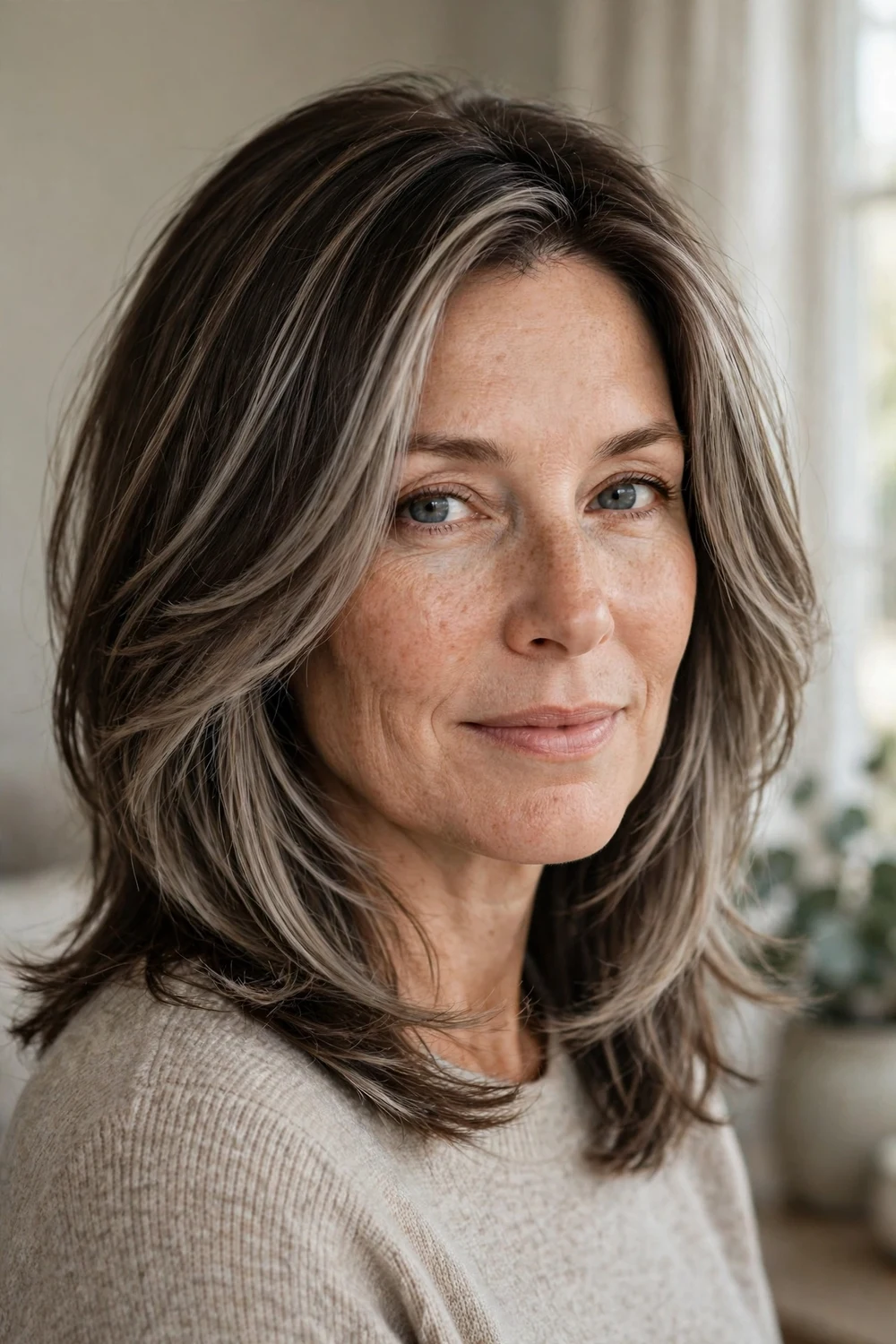 Dark brown hair with soft layers and taupe ash blonde balayage