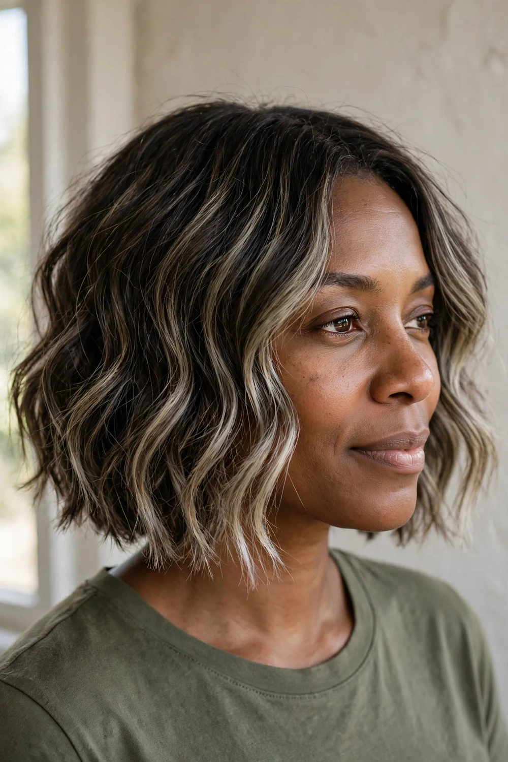 Textured dark brown wavy bob with ash blonde balayage dimension