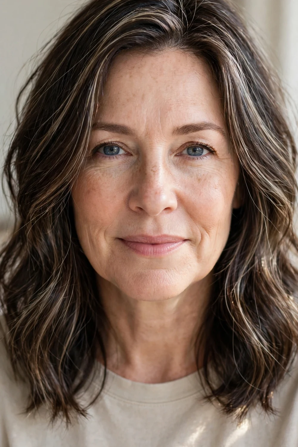 Dark brown hair with thin evenly spaced ash blonde highlights throughout