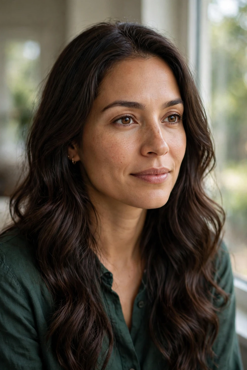 Woman with classic rich dark brown hair in soft waves