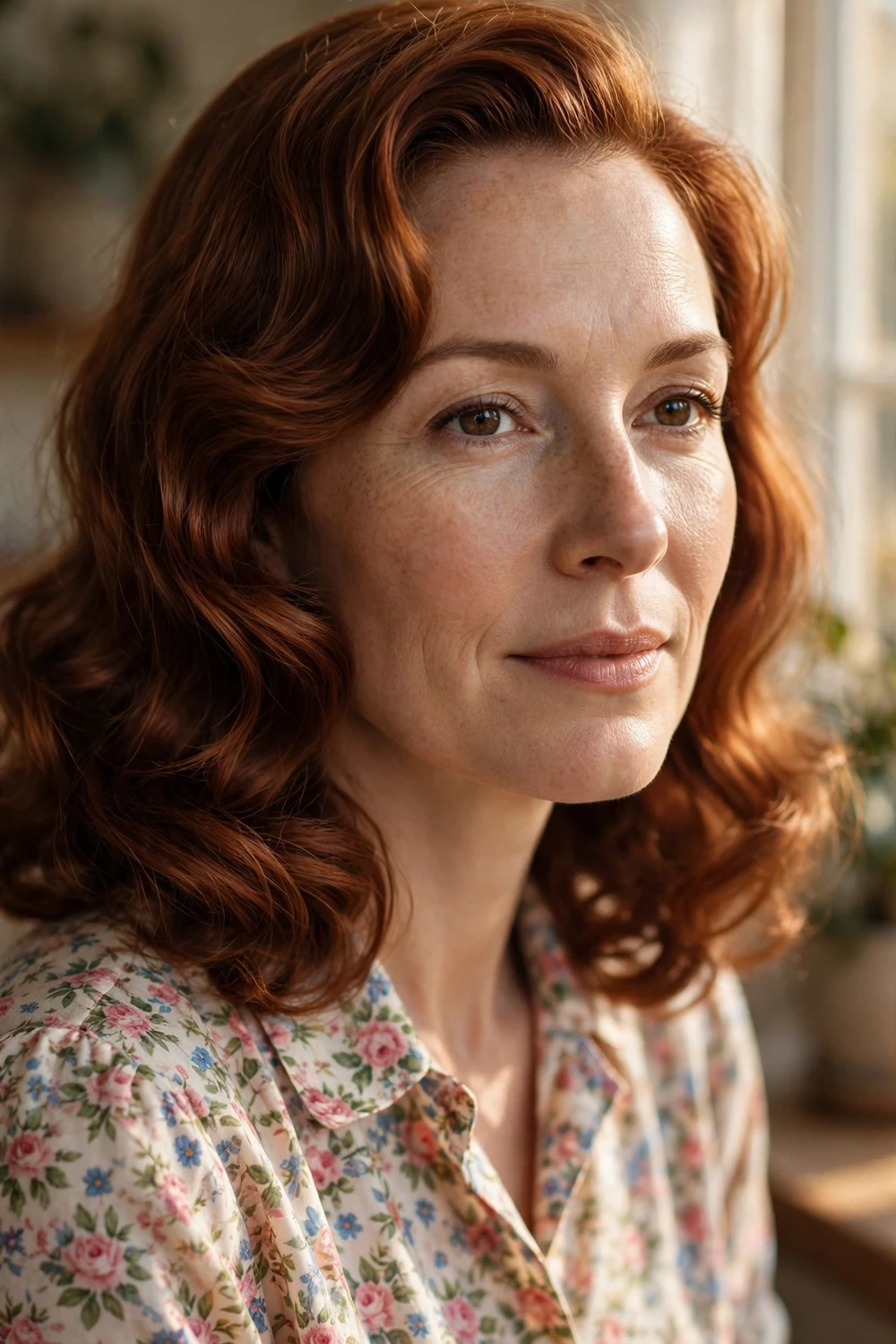Woman with vintage auburn brown hair in soft waves