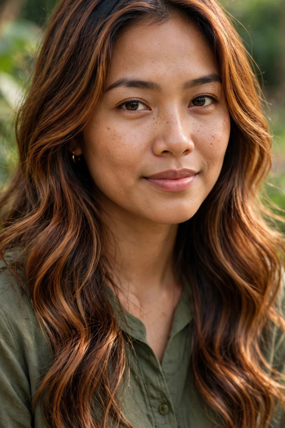 Woman with warm chestnut brown color over a dark brown base