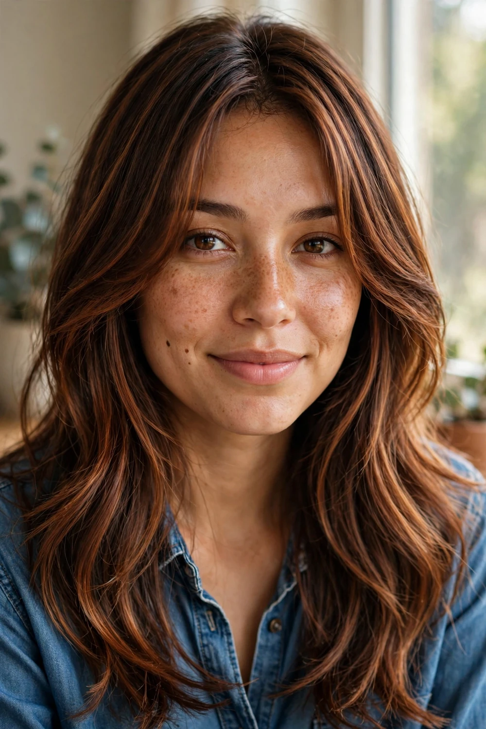 Woman with cinnamon-toned brunette layers and curtain fringe
