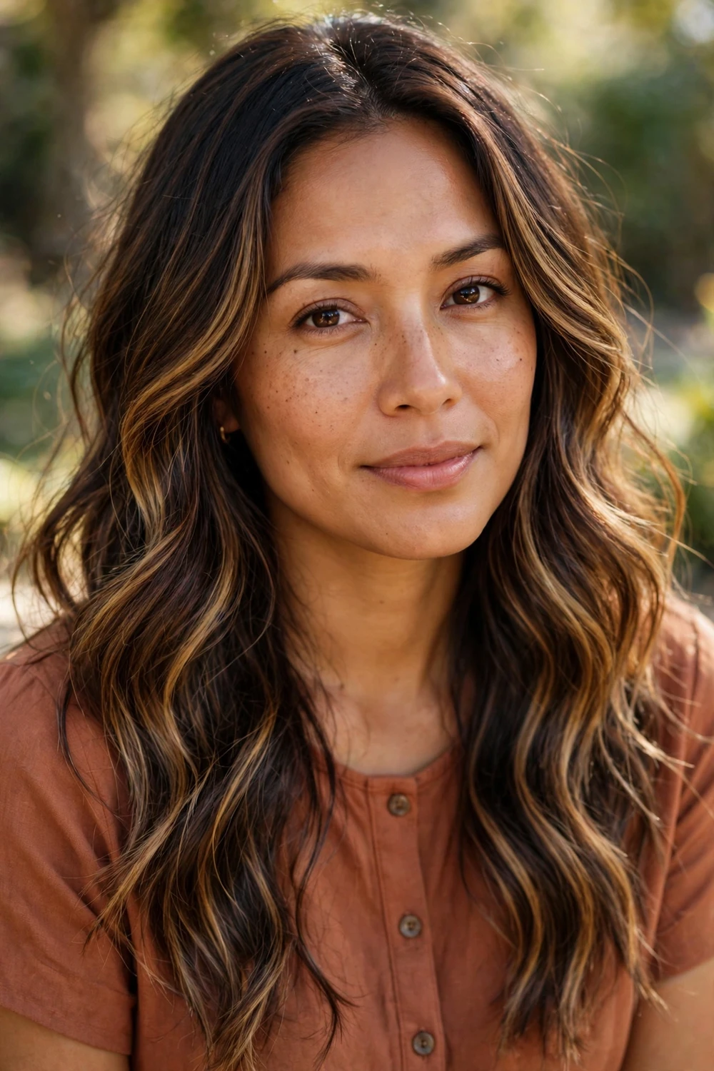Woman with golden caramel balayage painted over deep brown hair