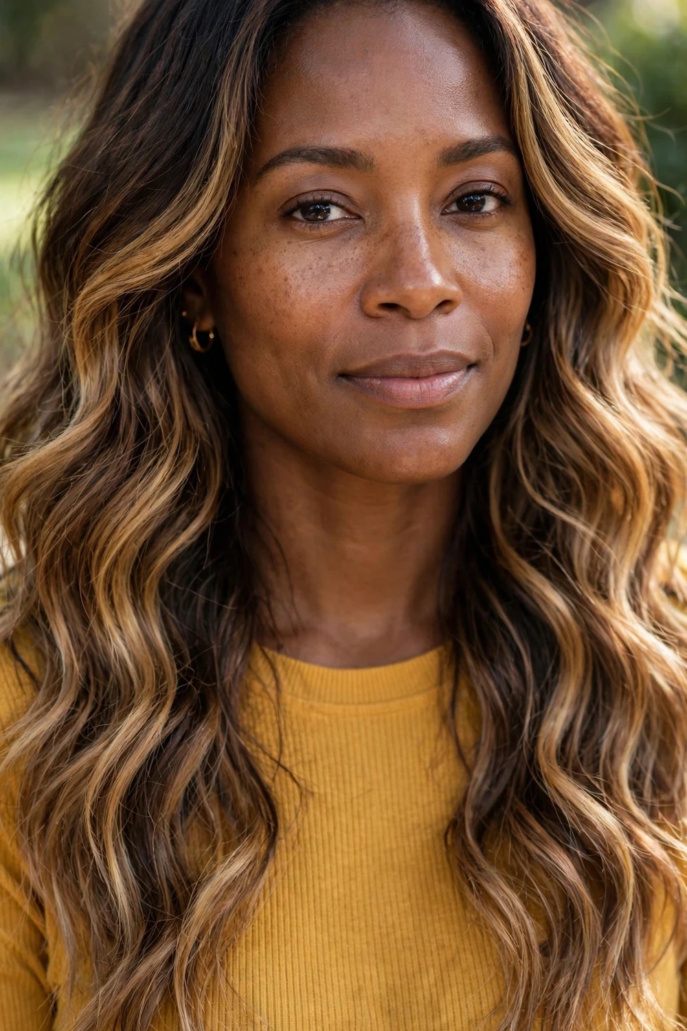 Woman with butterscotch toffee balayage on dark brunette roots