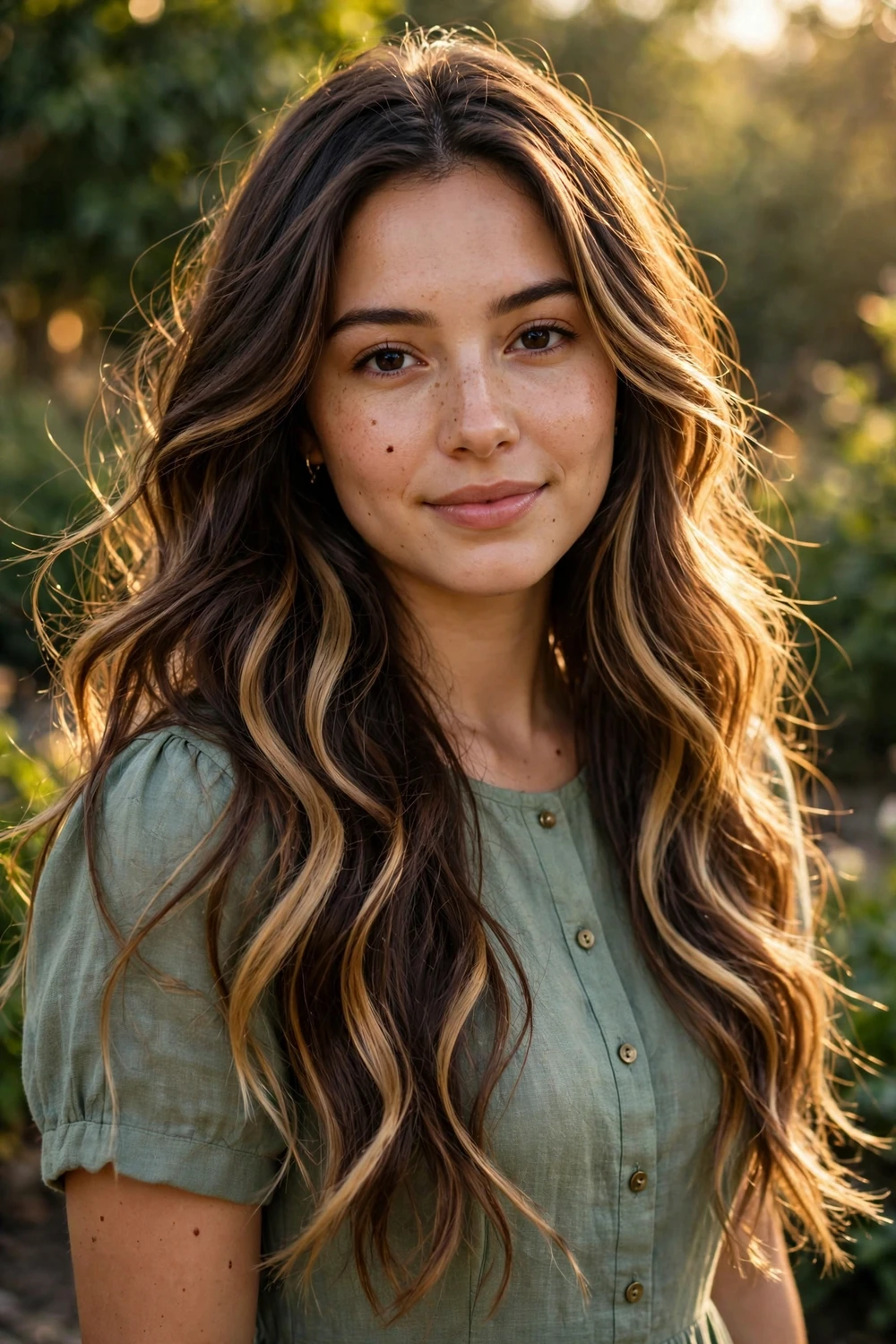 Woman with sunlit honey ribbon highlights through dark brown hair