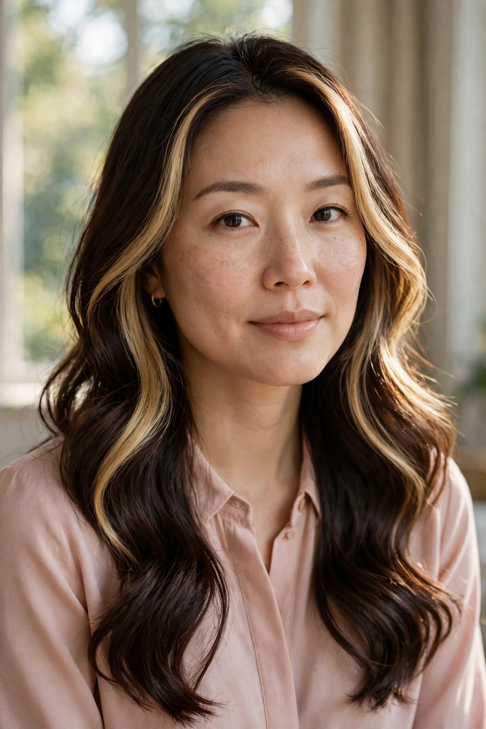 Woman with golden money piece highlights framing her face on dark brown hair