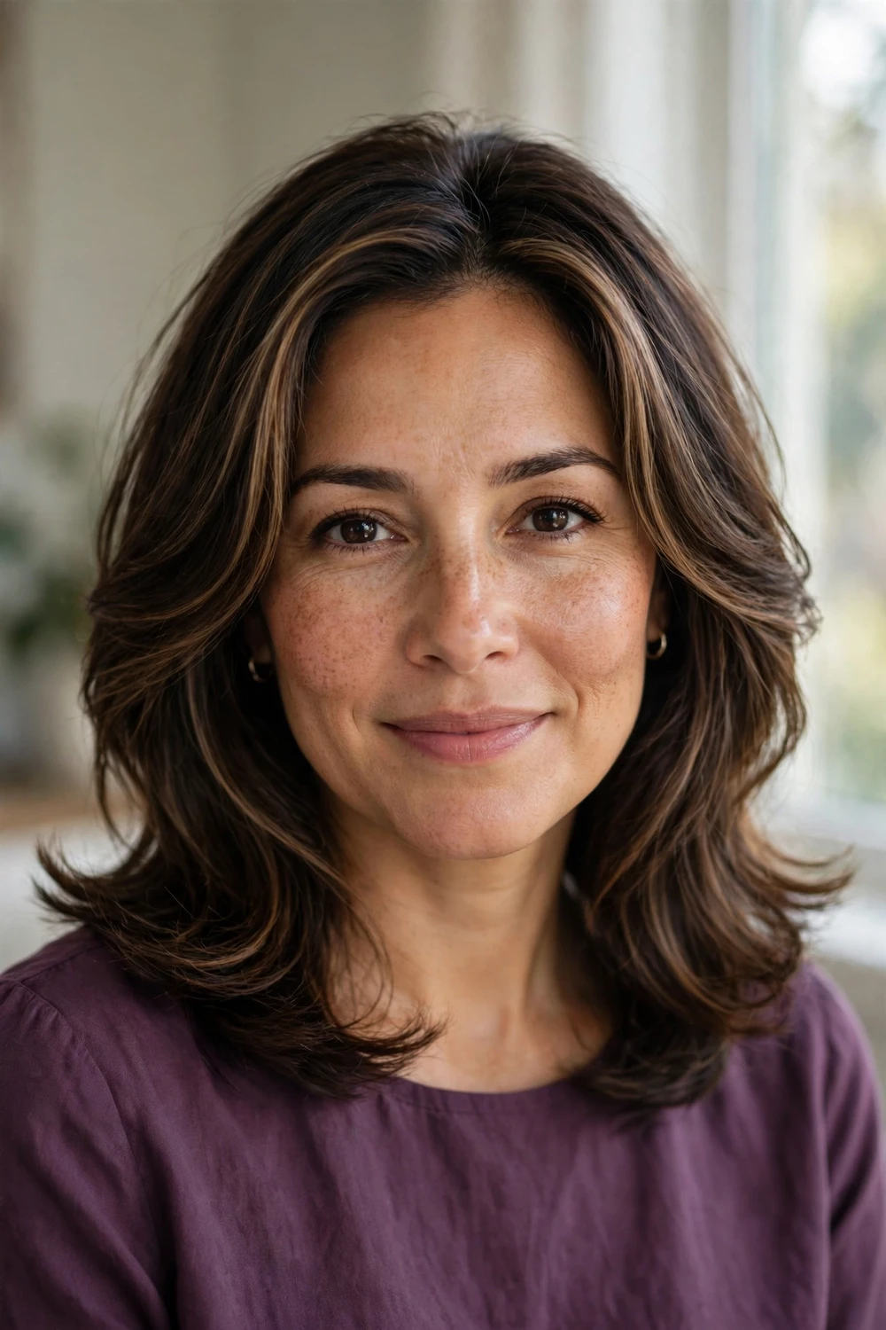 Woman with soft face-framing highlights on deep brown hair