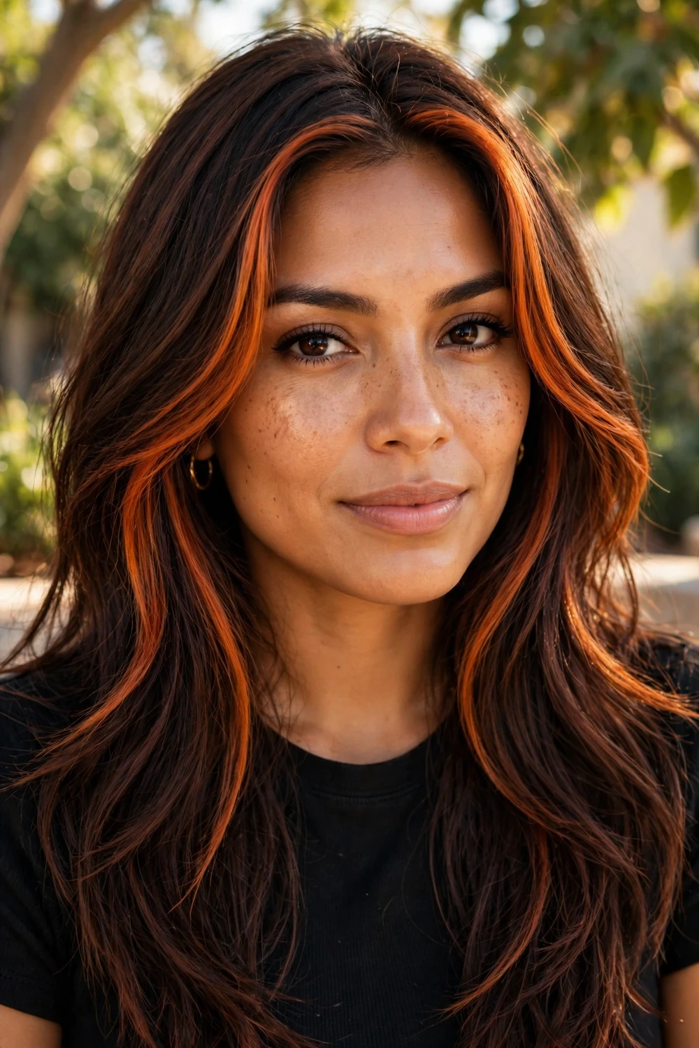 Woman with copper money piece highlights on dark layered brown hair