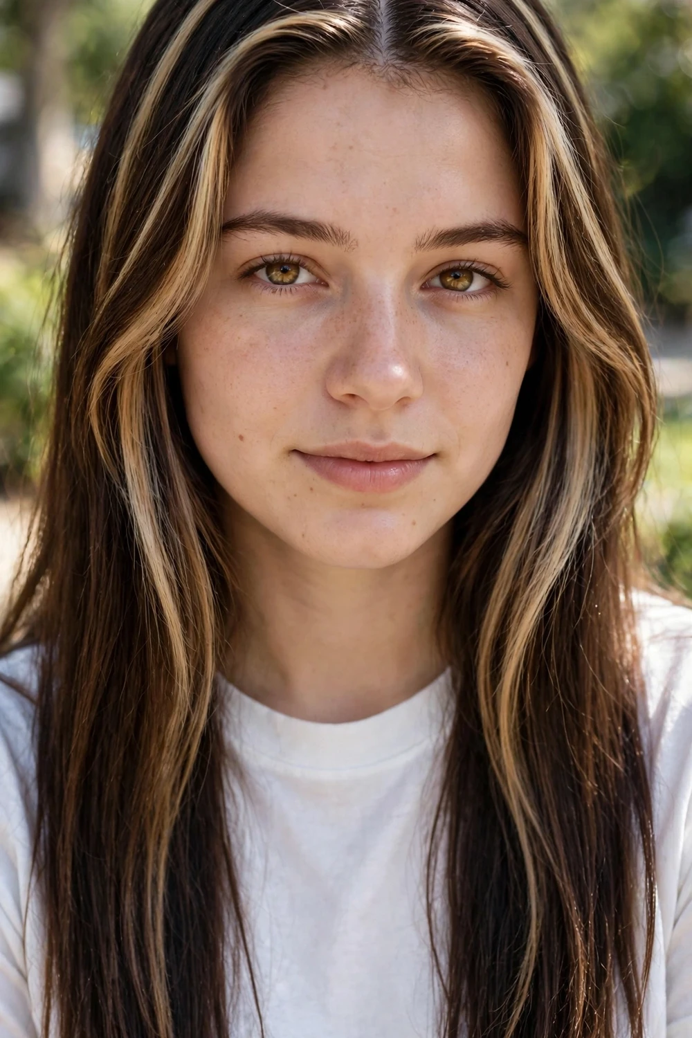 Woman with chunky 90s highlights in dark brown hair with a center part