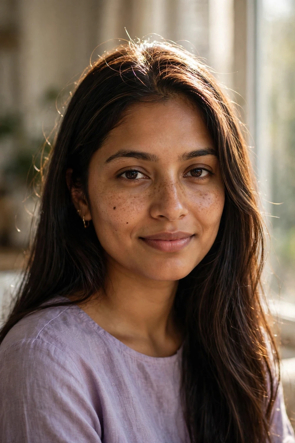 Woman with fine babylights adding subtle glow to dark brown hair