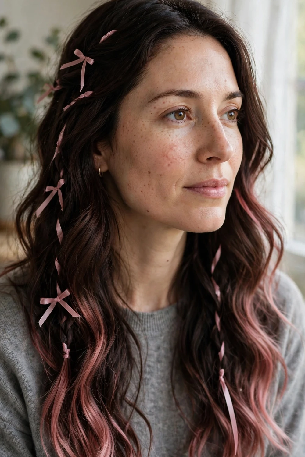 Woman with rosy-tipped ends on dark brunette hair